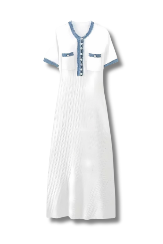 KATHI - Elegant knitted dress with denim patchwork